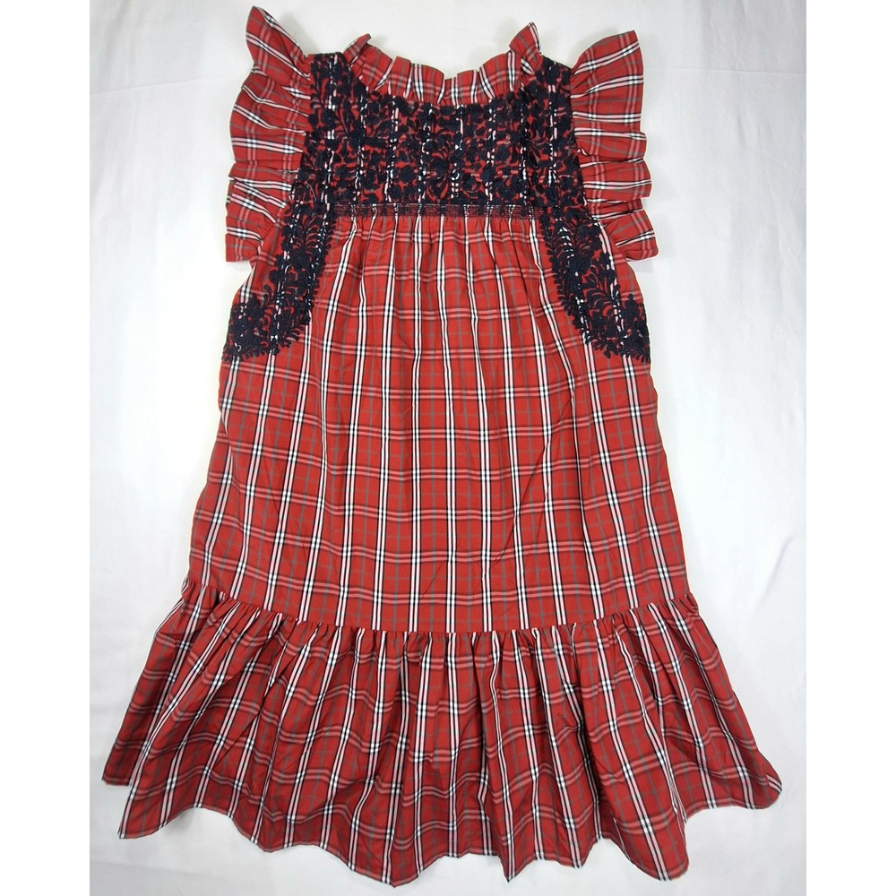 J Marie Red Plaid Embroidered Ruffle Midi Dress Pockets Womens Small